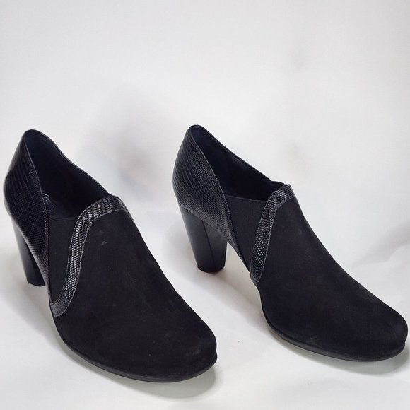 Nuture Boots Womens Size 8.5  Black Leather Suede Sexy Chunky Heel Ankle Booties - Picture 6 of 12